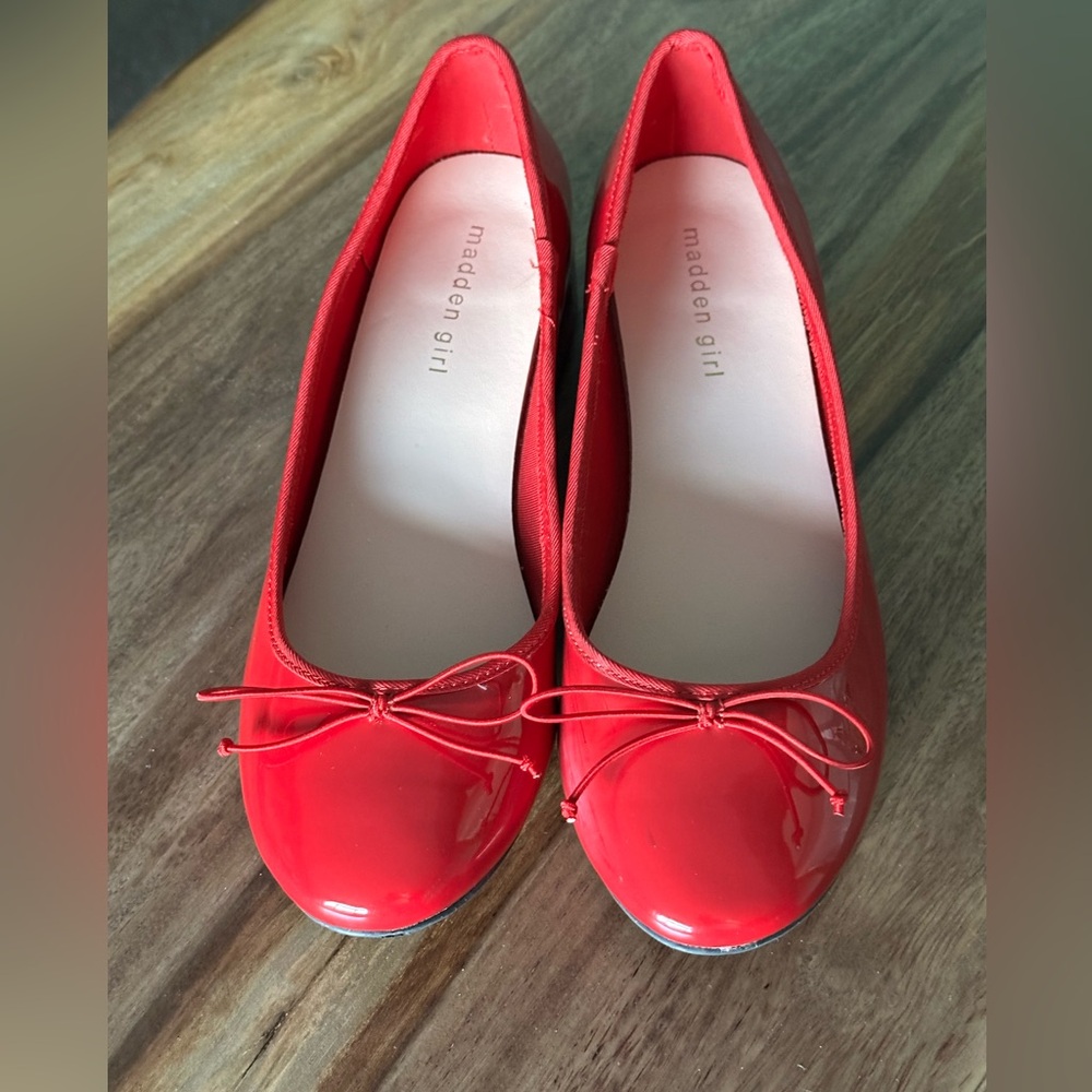 Madden Girl Red Patent Leather Low Block Heel Ballet Flats